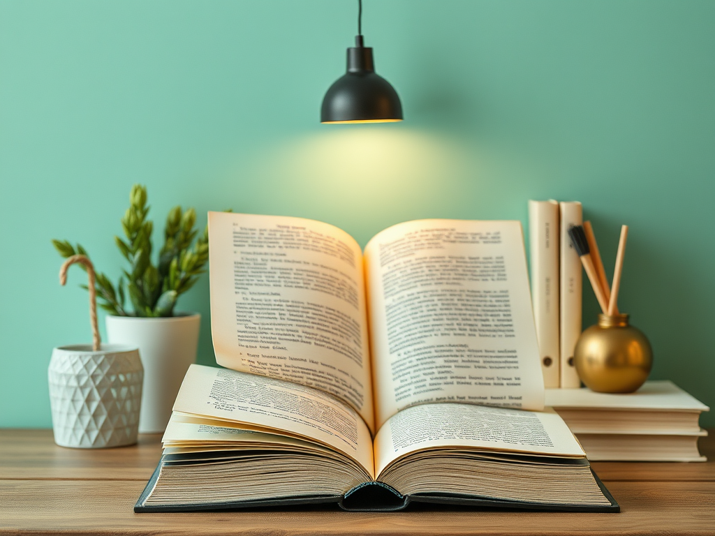 Открытая книга на столе с растением и лампой, уютная атмосфера для чтения.