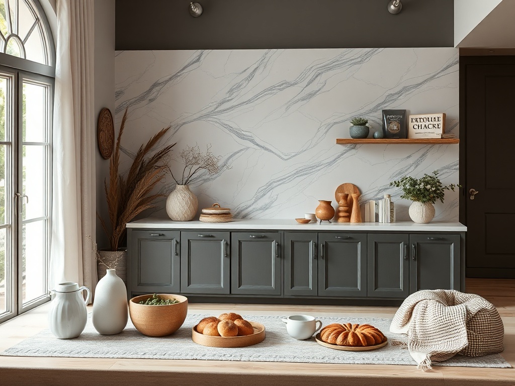 Современная кухня с серой мебелью, витражными окнами и стильными декоративными элементами. Расслабляющая атмосфера.