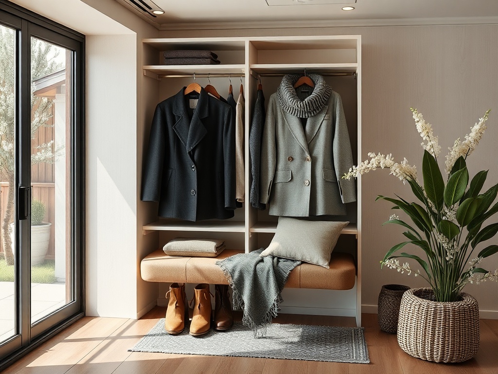 В углу уютной комнаты стоит шкаф с одеждой, а рядом - диван и растения для создания домашней атмосферы.