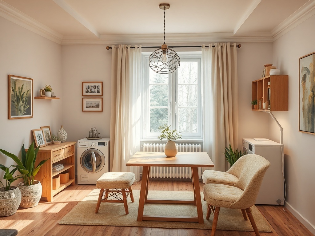 Светлая комната с деревянной мебелью, стиральной машиной и растениями, уютная атмосфера и большой светлый окна.