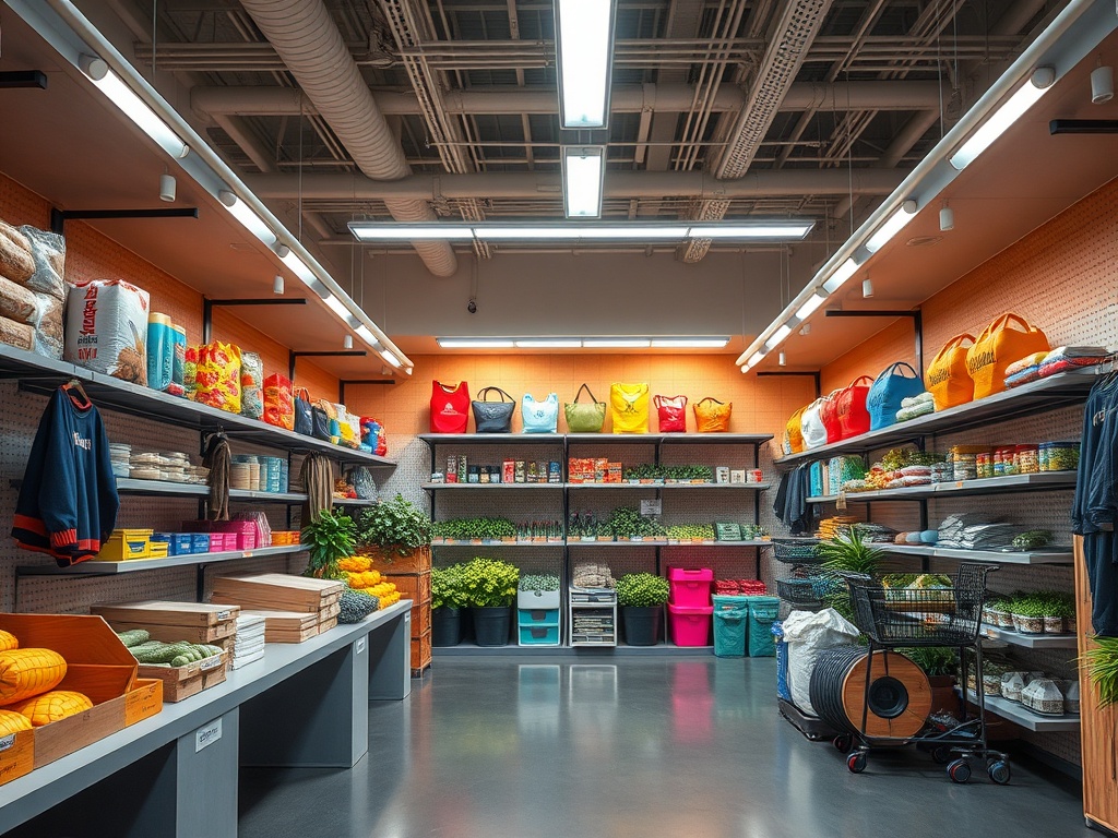 Супермаркет с полками, заполненными продуктами, растениями и хозяйственными товарами. Яркое освещение.