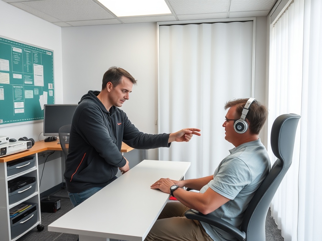 На изображении мужчина в наушниках сидит за столом, а другой человек объясняет что-то.